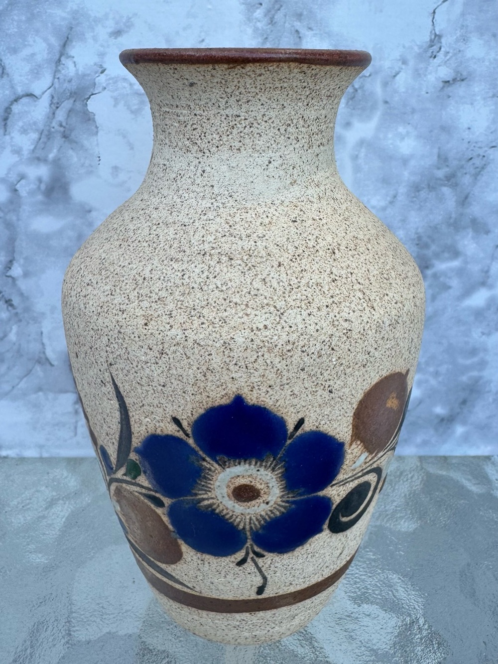 Vintage Tonala Mexico Pottery Vase Signed Mex Z Blue Flower Boho Home Decor